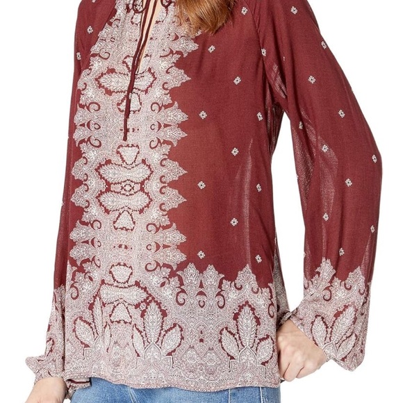 Lucky Brand Burgundy & White Peasant Top Split Neck Blouse L/S Lightweight  M - Picture 6 of 16